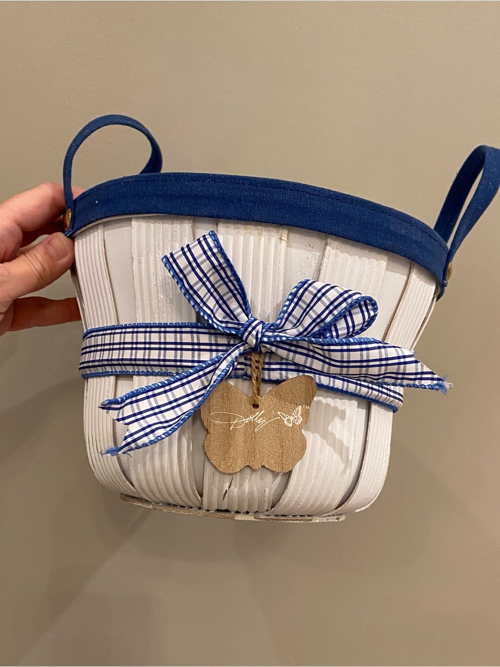 Dolly Parton White Basket with Blue Trim and Plaid Bow